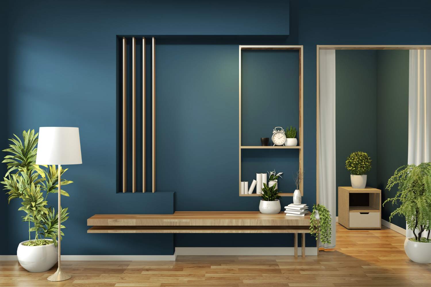 cabinet-mock-up-room-dark-blue-floor-wooden-minimal-design-3d-rendering